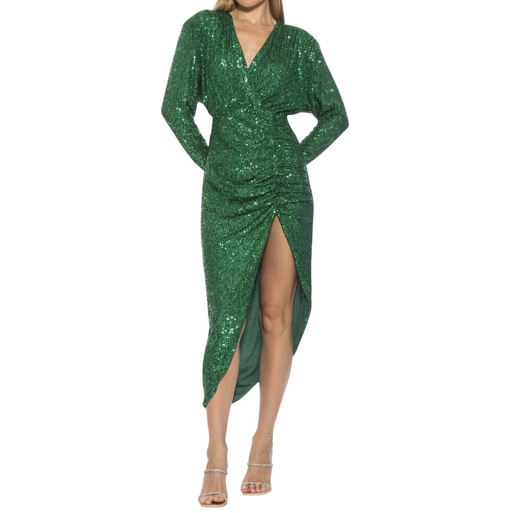 Alexia Admor Green Cocktail Dress Sequined Long Sleeve High Low Sheath Size XL